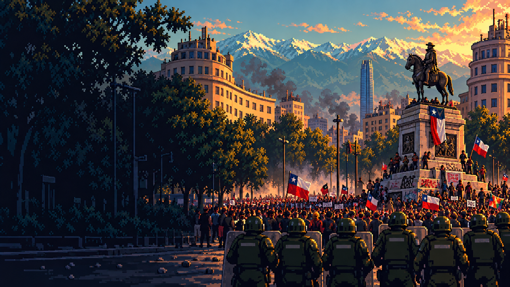 Plaza Baquedano recreada en pixel art, con manifestantes, carabineros y la cordillera al fondo